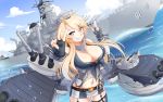  1girl absurdres battleship belt blonde_hair blue_eyes breasts buckle cleavage highres iowa_(kantai_collection) kantai_collection large_breasts namesake pokke ship star star-shaped_pupils symbol-shaped_pupils uss_iowa_(bb-61) v warship 