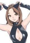  1girl animal_ears arms_up bare_shoulders brown_eyes cleavage_cutout dtym fake_animal_ears fingerless_gloves gloves highres looking_at_viewer simple_background smile solo white_background 