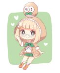  1girl black_eyes blonde_hair blush dual_persona glasses heart hood personification pokemon rowlet simple_background sketch smile solo 