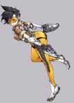  1girl ass black_hair breasts goggles jon_tw large_breasts leg_lift looking_at_viewer overwatch pose short_hair smile solo thighs tracer_(overwatch) 