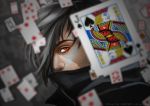  1boy arashi0721 artist_name black_jack black_jack_(copyright) blurry card covered_mouth dated depth_of_field face grey_hair hair_over_one_eye highres male_focus playing_card profile red_eyes scar solo 