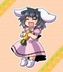  1girl ^_^ animal_ears black_hair carrot closed_eyes dress inaba_tewi open_mouth puffy_short_sleeves puffy_sleeves rabbit_ears short_sleeves smile tomato_chip touhou 