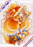  1girl blue_eyes boots bow brown_bow brown_hair curly_hair dress food_themed_clothes frills full_body gloves hat hat_bow highres honey honey_dipper knee_boots looking_at_viewer morinaga_&amp;_company orange_boots orange_bow orange_dress orange_gloves orange_hat original pancake personification short_hair smile solo striped striped_bow totsuki_ryuna twintails witch_hat 