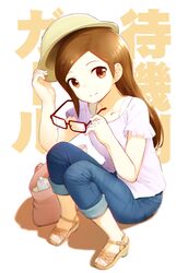  1girl bag brown_eyes brown_hair casual denim glasses handbag hat highres jeans long_hair looking_at_viewer nagian open_toe_shoes original pants red-framed_glasses shoes sitting solo translation_request 