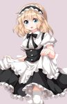  1girl alice_margatroid alternate_costume apron blonde_hair blue_eyes bow bowtie frilled_apron frilled_sleeves frills highres maid maid_apron maid_headdress open_mouth puffy_sleeves ruu_(tksymkw) shirt short_hair short_sleeves simple_background solo thigh-highs touhou white_legwear white_shirt 