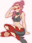  1girl bare_shoulders breasts cleavage elite_four long_hair looking_at_viewer midriff pachira_(pokemon) pants pink_hair pokemon pokemon_(game) pokemon_xy red_eyes red_glasses sidelocks sleeveless sleeveless_turtleneck smile solo sports_bra sunglasses turtleneck zaitsu 