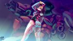  1girl absurdres ass bodysuit breasts checkerboardazn d.va_(overwatch) from_behind highres long_hair mecha overwatch pink_eyes purple_hair signature solo thighs 