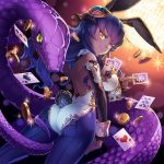  1girl artist_request ass between_breasts bunny_girl bunny_tail bunnysuit card copyright_request dark_skin detached_sleeves dutch_angle from_behind glint hair_ornament hair_over_breasts highres long_hair looking_back pantyhose playing_card purple_hair smile snake solo sparkle tail wrist_cuffs yellow_eyes 