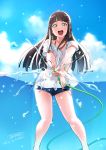  1girl :d artist_name bangs black_hair blunt_bangs clouds collarbone cutoffs dated denim denim_shorts earrings green_eyes hair_ornament hairclip highres hose jewelry kurosawa_dia long_hair love_live! love_live!_sunshine!! mole mole_under_mouth open_mouth shirt short_shorts shorts smile solo tachibana_roku water wet wet_clothes wet_shirt 