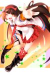  1girl ;d beatstream blush boots brown_hair highres jewelry kazetto long_hair looking_at_viewer mismatched_legwear necktie one_eye_closed open_mouth orange_legwear polka_dot polka_dot_legwear ring sharp_teeth skirt smile solo teeth yellow_eyes 