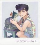  1boy amal-amaru cat child from_side higashikata_jousuke jojo_no_kimyou_na_bouken lavender_hair lips looking_at_viewer male_focus photo_background pompadour purple_hair shorts squatting stool tank_top translation_request younger 