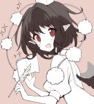  1girl :d black_hair blush eyebrows eyebrows_visible_through_hair hat looking_at_viewer notebook open_mouth pointy_ears pom_pom_(clothes) puffy_short_sleeves puffy_sleeves quill red_eyes shameimaru_aya short_hair short_sleeves simple_background smile solo sparkle sparkling_eyes tokin_hat tooth touhou usamata wings 