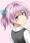  1girl aqua_eyes artist_name bangs blouse blush dated hair_ornament highres kamelie kantai_collection looking_at_viewer looking_back pink_background pink_hair ponytail school_uniform shiranui_(kantai_collection) short_hair short_ponytail simple_background solo upper_body vest white_blouse 