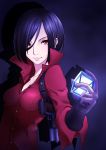  1girl absurdres ada_wong black_gloves black_hair brown_eyes collarbone gloves gun hair_between_eyes highres holding red_shirt resident_evil shirt short_hair solo tarou_(bibunsiman) weapon 