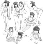 3girls akitsu_maru_(kantai_collection) arm_grab bikini breasts floating flying_sweatdrops gloves gufu6 hat innertube kantai_collection large_breasts leaning_forward looking_at_another looking_at_viewer maru-yu_(kantai_collection) mikuma_(kantai_collection) monochrome multiple_girls multiple_views one-piece_swimsuit one_eye_closed open_mouth peaked_cap profile salute short_hair sleeping solo_focus sweatdrop swimsuit translation_request 