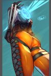  ass back bodysuit brown_hair from_ground gloves jacket overwatch ryuji_(red-truth) spiky_hair tracer_(overwatch) 