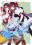  2girls apron black_legwear blue_eyes boots breasts broom brown_hair bucket character_request drill_hair green_eyes large_breasts long_hair maid maid_apron maid_headdress multiple_girls one_eye_closed red_ribbon red_shoes renka_(sutegoma25) ribbon shoes short_sleeves smile star twintails water wrist_cuffs 