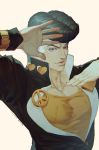  1boy black_hair blue_eyes daye_bie_qia_lian gakuran heart higashikata_jousuke highres jojo_no_kimyou_na_bouken jojo_pose male_focus peace_symbol pin pompadour pose school_uniform smile solo upper_body zipper 