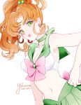  1girl artist_name bishoujo_senshi_sailor_moon breasts brown_hair choker cleavage collarbone contrapposto dated dutch_angle earrings flower green_eyes green_skirt hair_ornament hand_on_hip jewelry kino_makoto lips midriff navel pleated_skirt ponytail rose rose_earrings sailor_jupiter sailor_moon_narikiri_bra_set signature skirt smile solo star upper_body yukinami_(paru26i) 