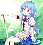  1girl blue_hair highres hinanawi_tenshi long_hair looking_at_viewer puffy_short_sleeves puffy_sleeves red_eyes shirt short_sleeves sitting skirt solo subachi sword_of_hisou touhou very_long_hair 