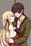  1boy 1girl ahoge amputee araragi_koyomi arm_around_neck bite_mark black_hair blonde_hair dress hair_over_one_eye hair_ribbon highres hug jacket kiss-shot_acerola-orion_heart-under-blade kizumonogatari long_hair monogatari_(series) open-back_dress pointy_ears red_eyes ribbon short_hair sora_yoshitake_yuda strapless strapless_dress yellow_eyes 