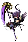  1boy black_hair boots elbow_gloves expressionless floating_hair full_body gloves highres himukai_yuuji holding long_hair looking_at_viewer multicolored_hair official_art ponytail purple_hair redhead scythe sekaiju_no_meikyuu sekaiju_no_meikyuu_5 simple_background solo streaked_hair thigh-highs thigh_boots white_background wings 