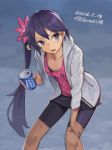 akebono_(kantai_collection) bangs bell bike_shorts collarbone commentary_request dated flower hair_bell hair_flower hair_ornament hand_on_own_knee hood hoodie kantai_collection leaning_forward long_hair looking_to_the_side pocari_sweat purple_hair sweat tank_top toro_(konirio) translation_request twitter_username violet_eyes 