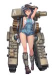  1girl belt black_hair boots bustier copyright_request full_body gloves hand_on_own_head liubo0818 looking_to_the_side mecha overalls rag shorts solo sweat walking wrench yellow_eyes 