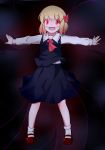  1girl :d blonde_hair darkness hair_ribbon highres open_mouth outstretched_arms popomu red_eyes ribbon rumia shirt short_hair skirt smile spread_arms touhou vest 