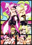  +_+ 2girls ankle_boots aori_(splatoon) baseball_cap beanie bespectacled black_boots black_dress black_hair boots brown_eyes casual character_name closed_eyes detached_collar domino_mask dress earrings face_mask fangs food food_on_head glasses gloves grey_hair grin hat hero_charger_(splatoon) hero_roller_(splatoon) highres hotaru_(splatoon) jewelry long_hair looking_at_viewer mask mineta_naoki mole mole_under_eye multiple_girls object_on_head one_eye_closed open_mouth pantyhose pointy_ears pose short_dress short_hair short_jumpsuit smile splatoon squidbeak_splatoon standing strapless strapless_dress sunglasses tentacle_hair white_gloves 