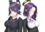  2girls blush breasts checkered checkered_necktie eyepatch grin headgear highres kantai_collection looking_at_viewer mechanical_halo mole mole_under_eye multiple_girls necktie purple_hair short_hair simple_background smile tatsuta_(kantai_collection) tenryuu_(kantai_collection) violet_eyes white_background yagitome87 yellow_eyes 