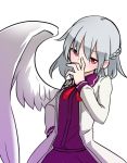  1girl covering_mouth dress jacket kameyan kishin_sagume red_eyes short_hair silver_hair single_wing touhou wings 