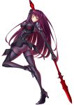  1girl ame_isshiki armor ass bangs blush bodysuit breasts eyebrows eyebrows_visible_through_hair fate/grand_order fate_(series) full_body gae_bolg gloves high_heels highres holding holding_weapon large_breasts long_hair looking_at_viewer parted_lips pauldrons polearm purple_hair red_eyes scathach_(fate/grand_order) solo thigh-highs transparent_background very_long_hair weapon 