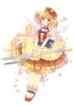  1girl blonde_hair bobby_socks brown_eyes brown_skirt food_as_clothes food_themed_clothes food_themed_hair_ornament fork frilled_skirt frills full_body hair_ornament hanao_kawori knife layered_skirt looking_at_viewer morinaga_(brand) original oversized_object pancake personification rainbow_background red_shoes shoes short_hair skirt smile socks solo standing white_legwear white_wings wings yellow_skirt 