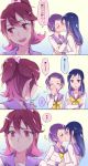  3girls :d aida_mana blue_eyes blue_hair blush closed_eyes crossed_arms dokidoki!_precure gradient gradient_background highres hishikawa_rikka kenzaki_makoto kiss long_hair multiple_girls negom open_mouth pink_eyes pink_hair precure purple_hair school_uniform short_hair smile speech_bubble translation_request violet_eyes yawning yuri 