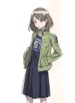  &gt;:t 1girl :t black_dress blue_eyes brown_hair casual clothes_writing dress earrings hands_in_pockets jacket jewelry kantai_collection kirusu looking_at_viewer maya_(kantai_collection) short_hair sketch solo 