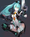  1girl aqua_hair bangs between_breasts black_gloves boots breasts character_request dual_wielding eyebrows eyebrows_visible_through_hair glasses gloves glowing green_eyes gun highres holding holding_gun holding_weapon kagetomo_midori leotard long_hair mecha_musume parted_lips phantasy_star phantasy_star_online_2 ponytail rimless_glasses simple_background solo standing_on_one_leg thigh-highs thigh_boots trigger_discipline very_long_hair weapon 