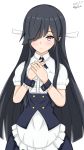  1girl alternate_costume black_dress dress enmaided hair_over_one_eye hair_ribbon hands_on_own_chest hayashimo_(kantai_collection) kantai_collection light_smile linfa_lm long_hair looking_at_viewer maid puffy_short_sleeves puffy_sleeves ribbon shirt short_sleeves white_shirt wrist_cuffs 