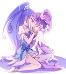  2girls blue_hair blush bracelet choker closed_eyes cure_diamond cure_sword dokidoki!_precure earrings hair_ornament heart hishikawa_rikka jewelry kenzaki_makoto kiss long_hair magical_girl multiple_girls negom ponytail precure purple_hair short_hair simple_background sitting spade_hair_ornament very_long_hair violet_eyes wariza white_background yuri 