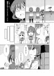  4girls ^_^ closed_eyes comic folded_ponytail hibiki_(kantai_collection) highres ikazuchi_(kantai_collection) inazuma_(kantai_collection) jitome kantai_collection long_hair machinery monochrome multiple_girls neckerchief nishi_koutarou ocean open_mouth pantyhose ryuujou_(kantai_collection) school_uniform serafuku short_hair skirt smile translation_request twintails visor_cap 