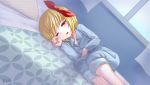  1girl araki_(qbthgry) bed blonde_hair hair_ribbon lying on_bed on_side pajamas red_eyes ribbon rumia short_hair sleepy touhou 