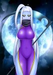 1girl ahoge arms_behind_back black_sclera blue_skin breasts china_dress chinese_clothes covered_navel cowboy_shot dress dullahan full_moon highres huge_ahoge lala_(monster_musume) large_breasts long_hair looking_at_viewer monster_musume_no_iru_nichijou moon night night_sky photo_background scarf scythe side_slit signature skin_tight sky sleeveless slimysoap solo star_(sky) very_long_hair white_hair yellow_eyes 