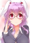  1girl animal_ears bangs bespectacled blazer blush breasts collarbone collared_shirt eyebrows eyebrows_visible_through_hair glasses hair_between_eyes highres jacket large_breasts long_hair looking_at_viewer okomeito pink_eyes purple_hair rabbit_ears red-framed_glasses reisen_udongein_inaba semi-rimless_glasses shirt smile solo touhou under-rim_glasses upper_body white_shirt 
