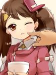  1girl bangs bowl brown_eyes brown_hair eyebrows eyebrows_visible_through_hair food food_on_face hair_ornament hairclip hands holding_bowl kantai_collection looking_at_viewer magatama one_eye_closed out_of_frame parted_lips pointing poking primary_stage ribbon ribbon_trim rice ryuujou_(kantai_collection) simple_background solo_focus twintails twitter_username visor_cap white_ribbon 