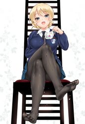  1girl black_legwear blonde_hair blue_eyes braid breasts chair collared_shirt crossed_legs cup darjeeling emblem feet from_below girls_und_panzer highres kure_masahiro legs long_sleeves looking_at_viewer necktie no_shoes open_mouth panties panties_under_pantyhose pantyhose pleated_skirt pouring school_uniform shirt short_hair sitting skirt smile solo sweater tea teacup toes underwear wet wet_clothes wet_pantyhose white_shirt 