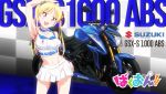  1girl :d arm_up armpits bakuon!! bare_shoulders bell belt blonde_hair choker contrapposto cowboy_shot eyecatch hair_bell hair_ornament hand_on_hip head_tilt highres long_hair looking_at_viewer midriff miniskirt motor_vehicle motorcycle open_mouth orange_eyes pleated_skirt racequeen screencap skirt smile solo suzuki suzuki_gsx-s1000_abs suzunoki_rin twintails vehicle 