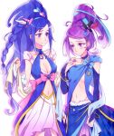  2girls blue_eyes blue_hair blush bracelet breasts bridal_gauntlets choker cleavage cure_magical cure_magical_(cosplay) cure_miracle cure_miracle_(cosplay) dokidoki!_precure hair_ornament hat hishikawa_rikka jewelry kenzaki_makoto long_hair looking_at_another magical_girl mahou_girls_precure! mini_hat mini_witch_hat multiple_girls navel negom ponytail precure sapphire_(stone) sapphire_style short_hair smile spade_hair_ornament under_boob violet_eyes witch_hat 