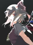  1girl ascot black_background crystal flandre_scarlet haruba_negi hat hat_ribbon looking_at_viewer mob_cap open_mouth pointy_ears red_eyes ribbon shirt short_hair short_sleeves side_ponytail simple_background solo touhou upper_body vest wings 