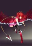  1girl bent_over black_legwear boots chain detached_sleeves inneanis looking_at_viewer mahou_shoujo_madoka_magica polearm red_eyes redhead sakura_kyouko solo spear standing_on_one_leg thigh-highs weapon 