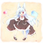  1girl :d animal_ears black_hair blood blue_eyes chain claws fang fox_ears fox_tail frilled_skirt frills heterochromia highres hitodama kt_cano long_hair open_mouth original red_eyes skirt sleeves_past_wrists smile tail 